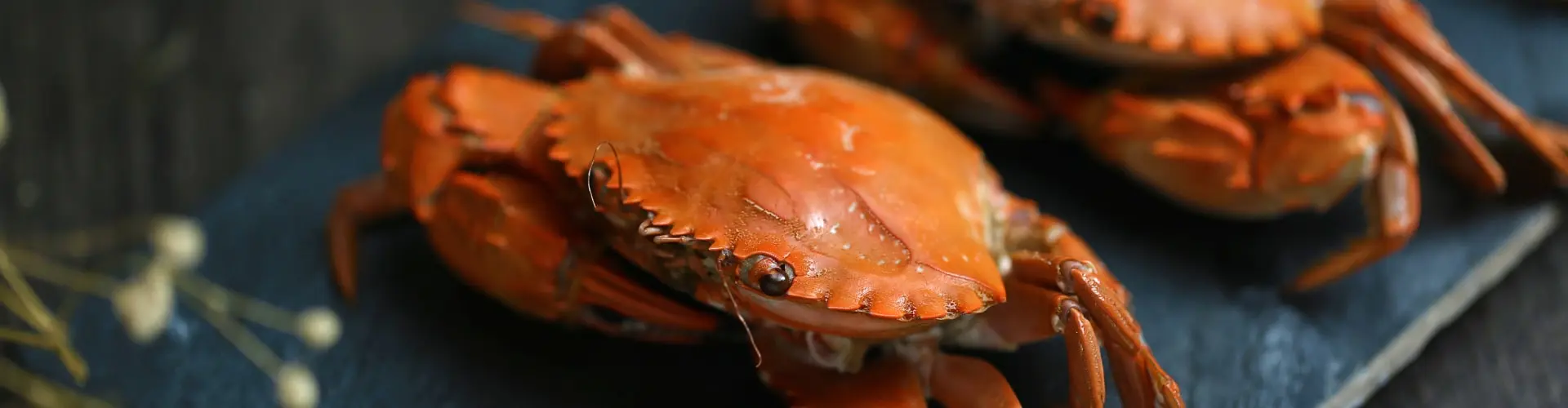 Cooked orange-red crabs piled on a dark slate platter, shot close up