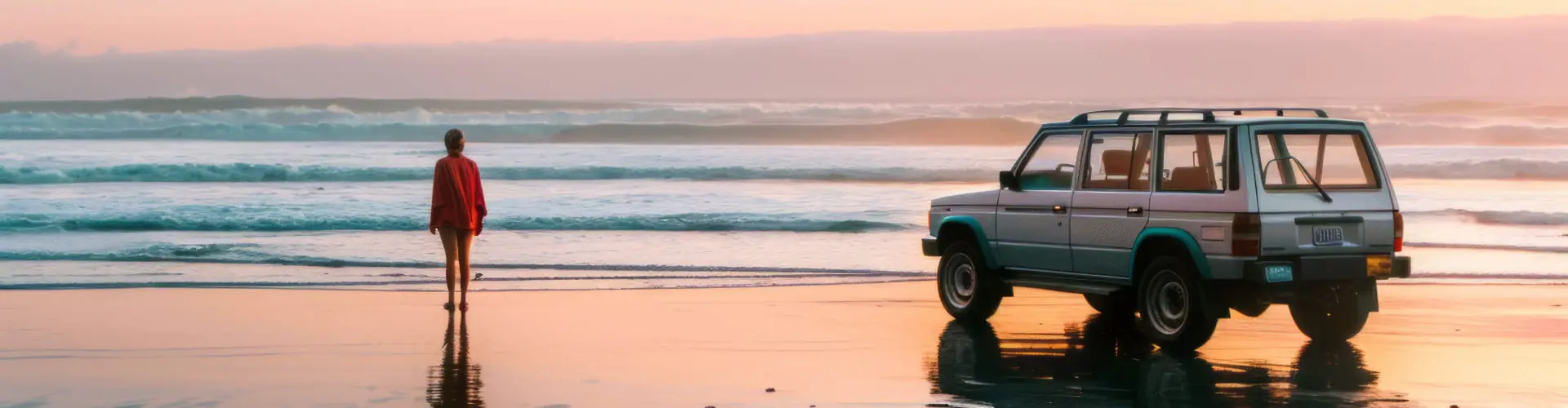 A figure in red at the waterline beside a four-wheel-drive parked on wet sand in pink sunrise light