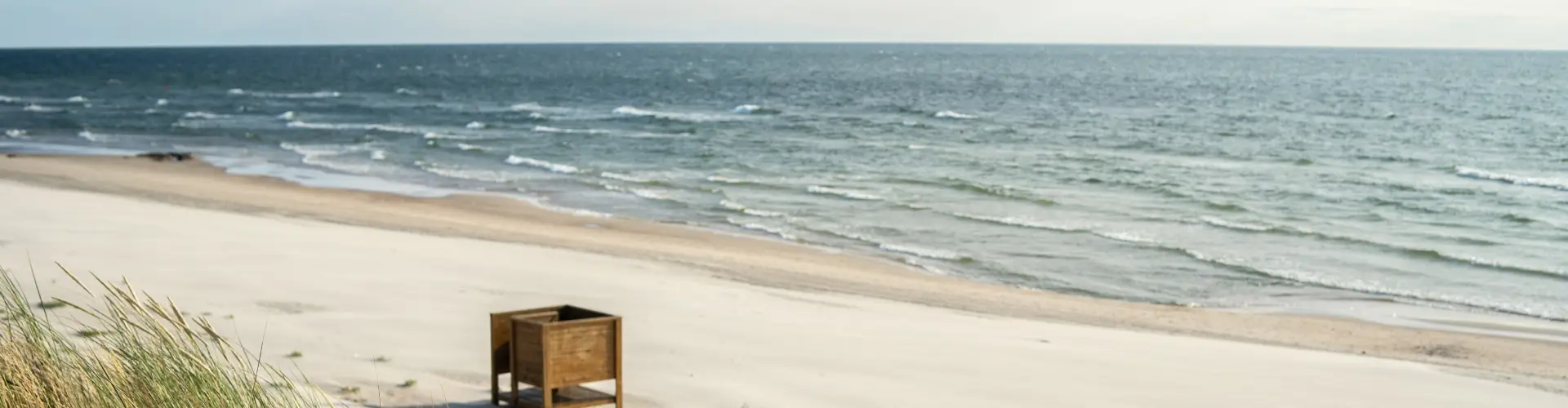 A wide empty beach with a single wooden planter box on the sand and dune grass in the foreground