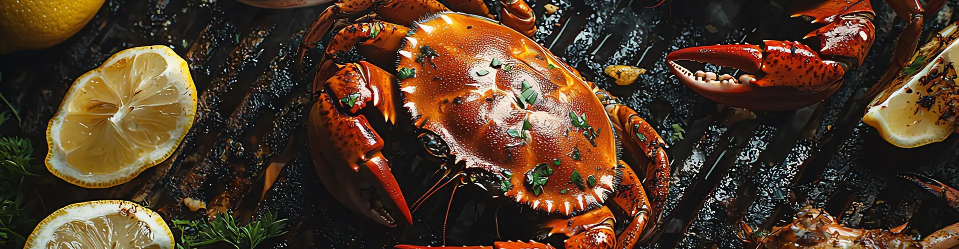 A cooked crab and lobster claws with lemon slices arranged on dark slate