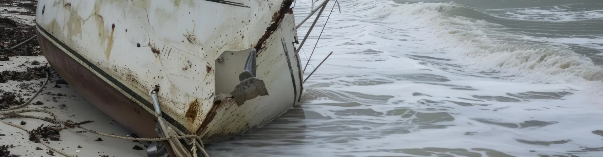 The rusted white hull of a wrecked boat lying broken in the breaking surf