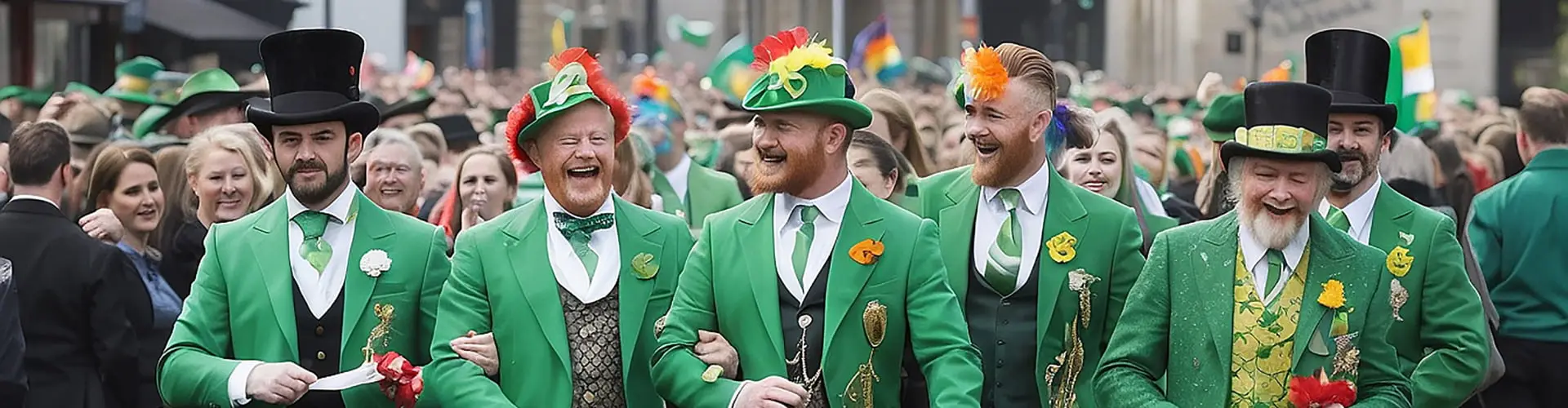 A crowd of men in matching bright green suits and top hats laughing together at a St Patrick's parade