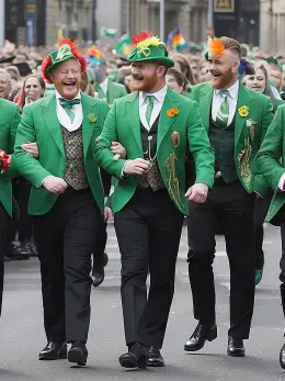 Three men in green tailcoats and shamrock-trimmed hats striding down the middle of a parade route