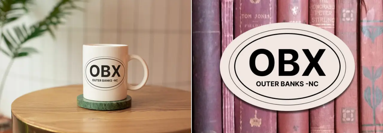 Two souvenir shots side by side: an OBX Outer Banks NC mug on a wooden table, and the same oval sticker against a row of old red books