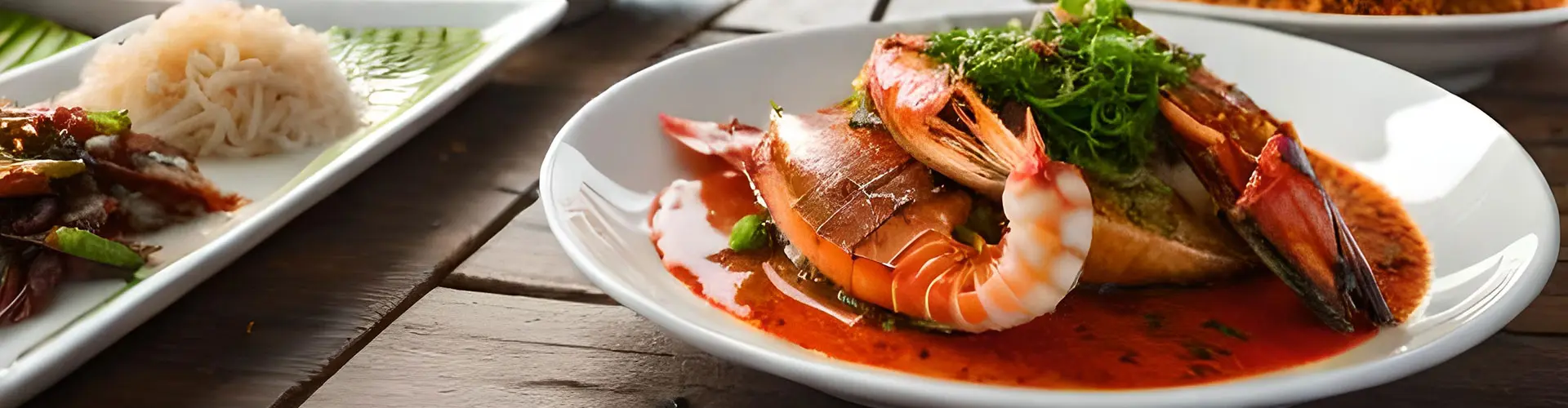 Prawns in a rich red sauce, garnished with herbs and plated on a dark wooden table