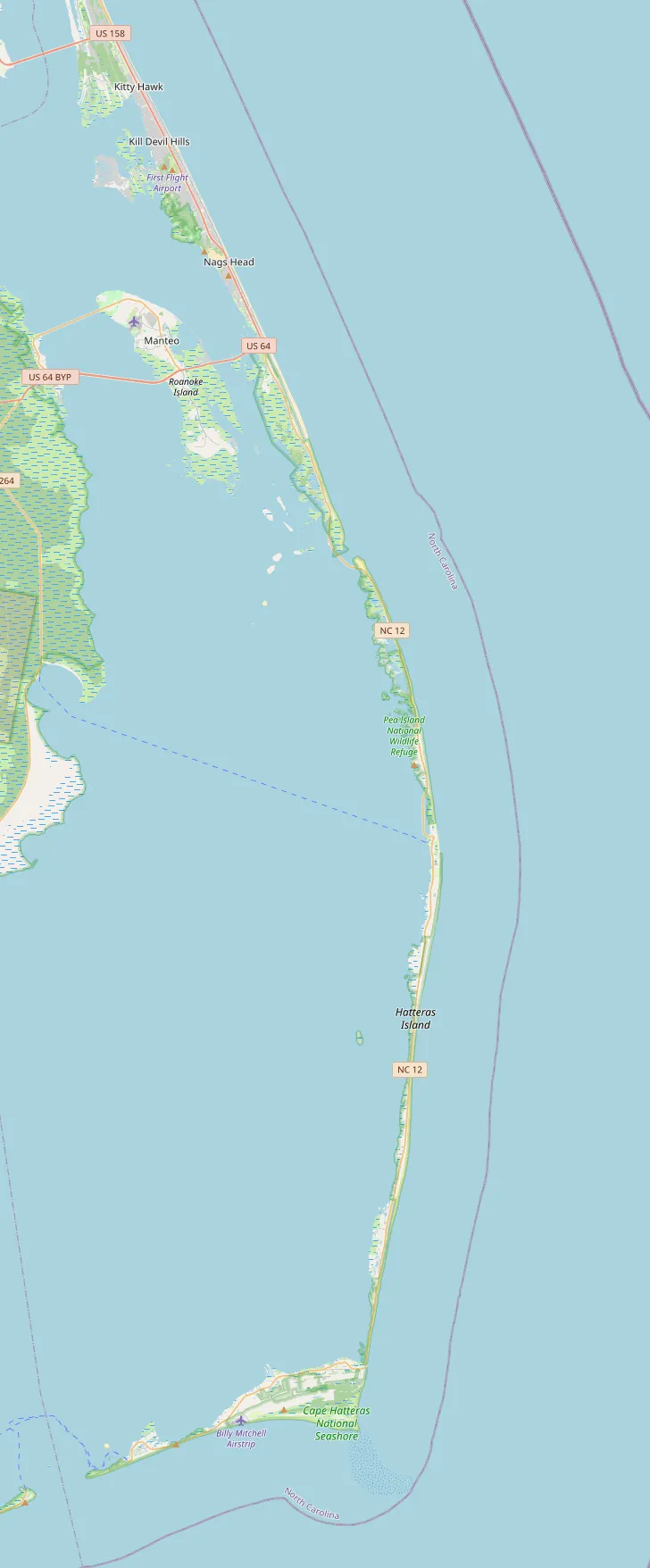 A map of the Outer Banks of North Carolina, the barrier islands running south from Kitty Hawk past Nags Head and Roanoke Island down the length of Hatteras Island, with the towns holding MKL properties marked