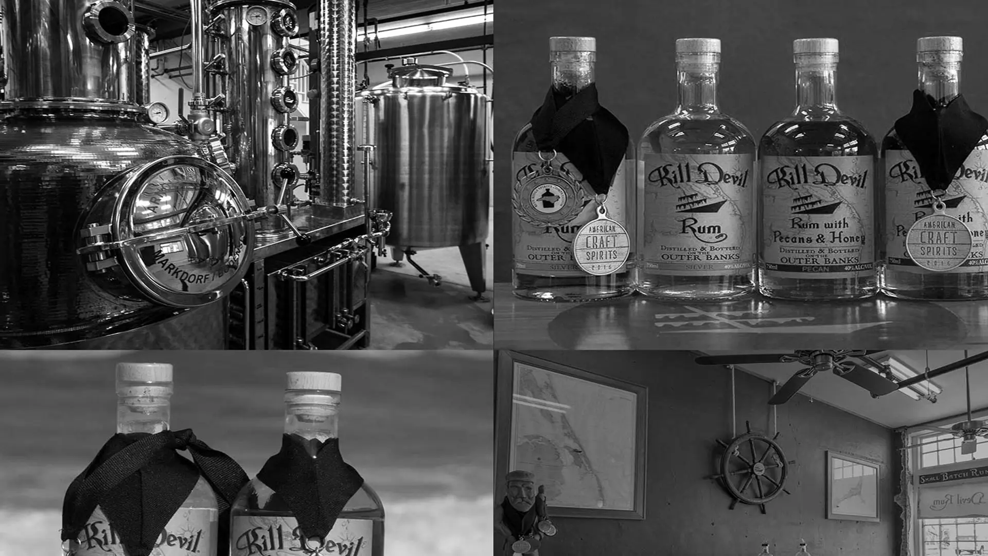 Four black-and-white distillery shots: a gleaming still, ranks of Kill Devil rum bottles with medals, and a tasting room hung with charts and a ship's wheel