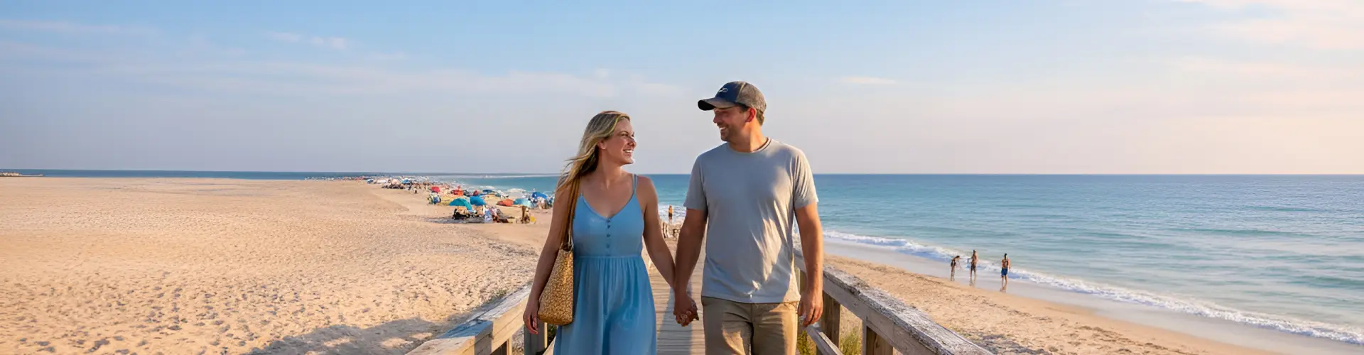 A couple walking hand in hand along a wide flat beach in low evening light