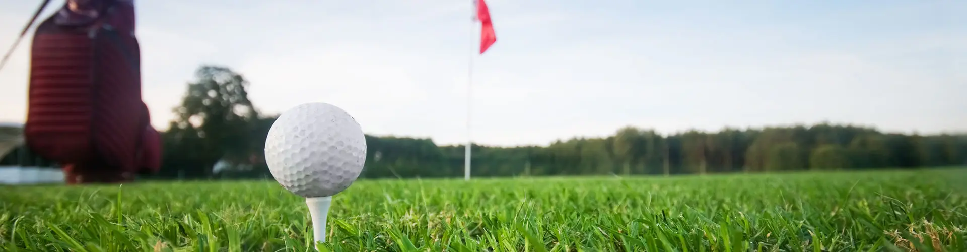A golf ball on a tee in sharp focus, the green and a red flag behind it