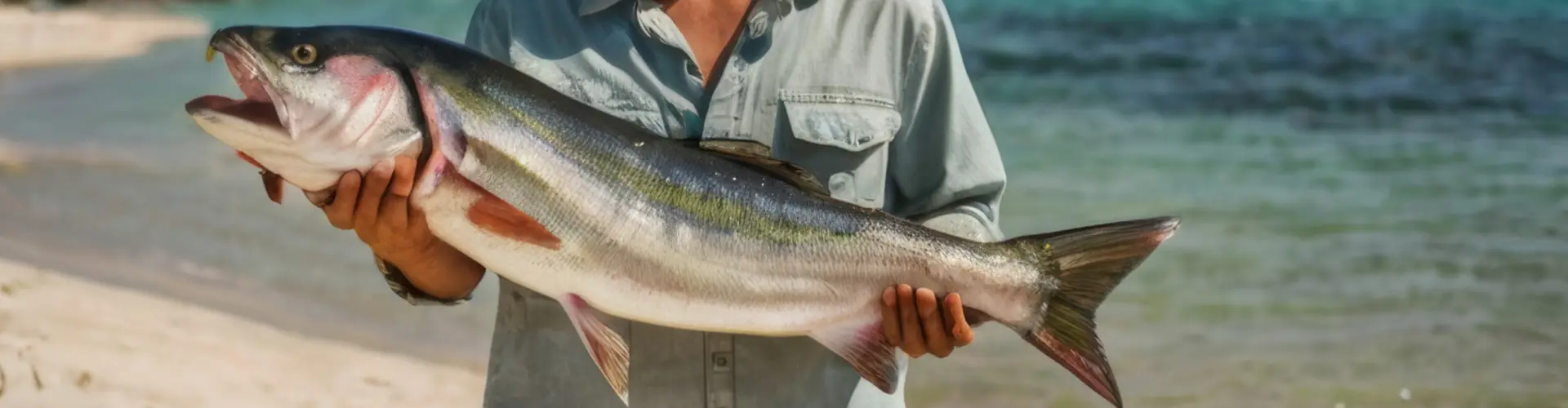 An angler holding up a large silver fish with both hands, water behind